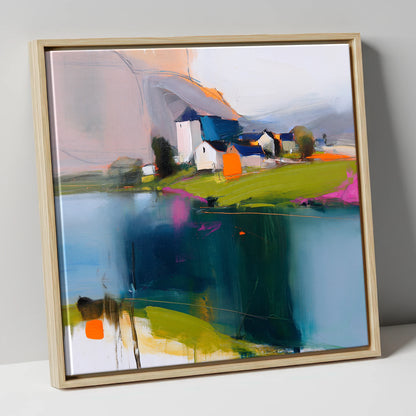 Vibrant Lakeside Village Reflections lake district village canvas wall art in natural frame