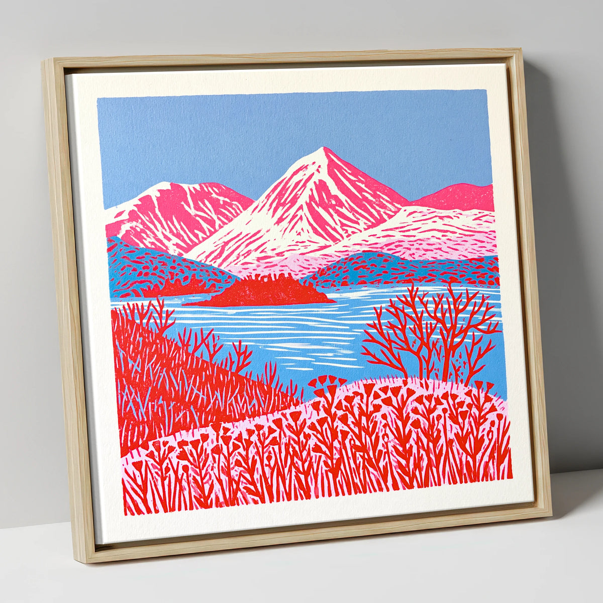 Vibrant Red Catbells Landscape lake district fell canvas wall art in natural frame