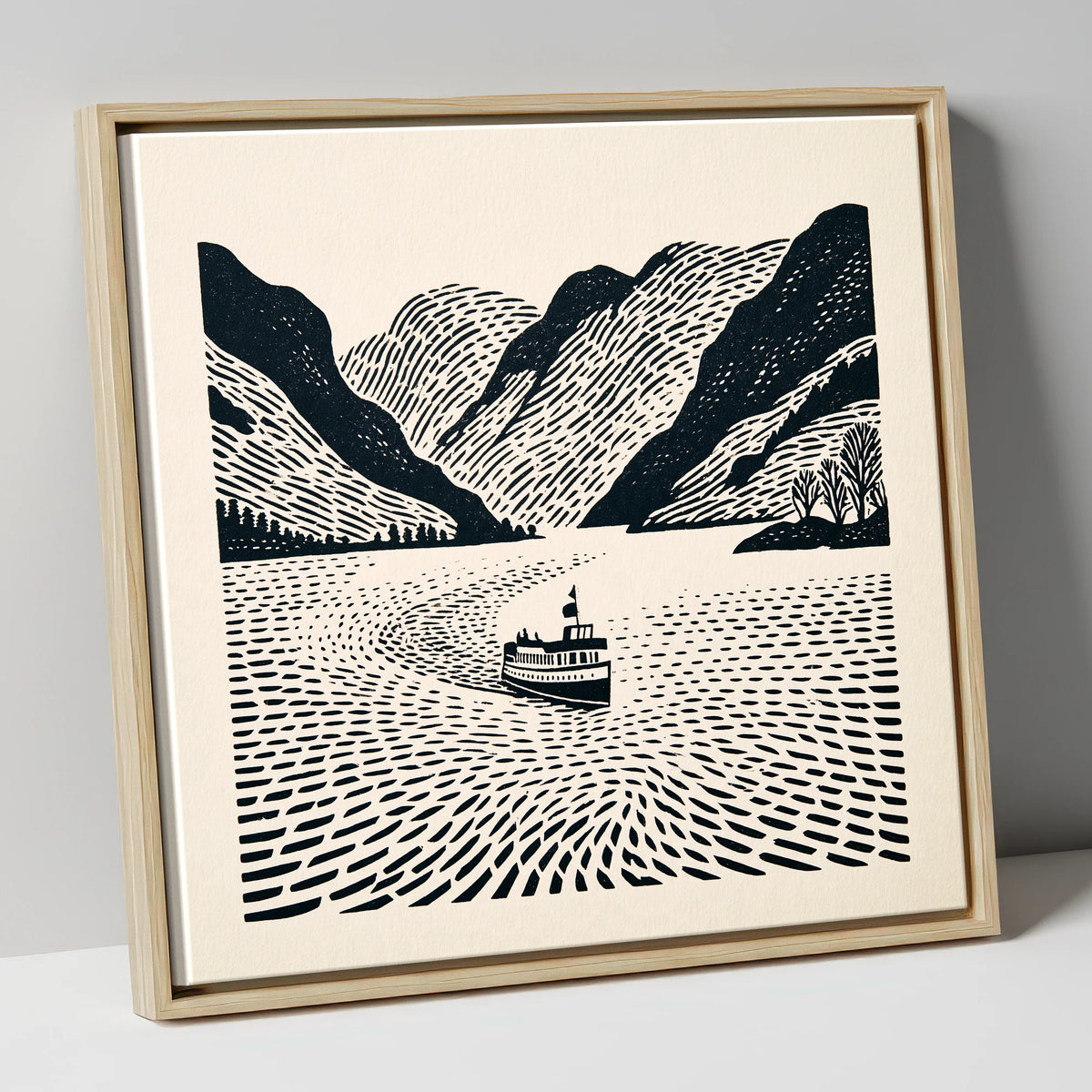 Ullswater Steamer on Swirling Waters lake district lake canvas wall art in natural frame