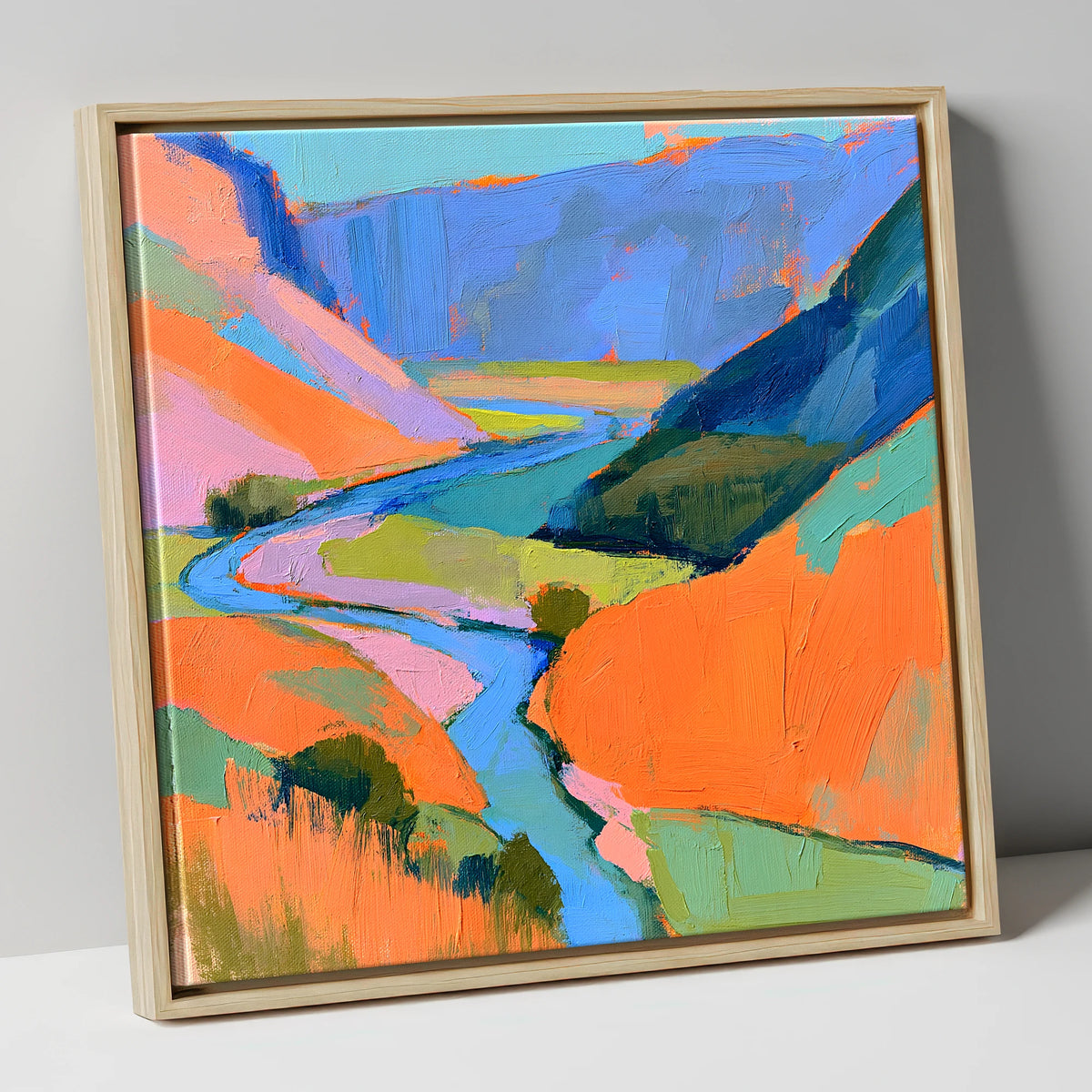 Bold Winding River Valley lake district waterfall canvas wall art in natural frame