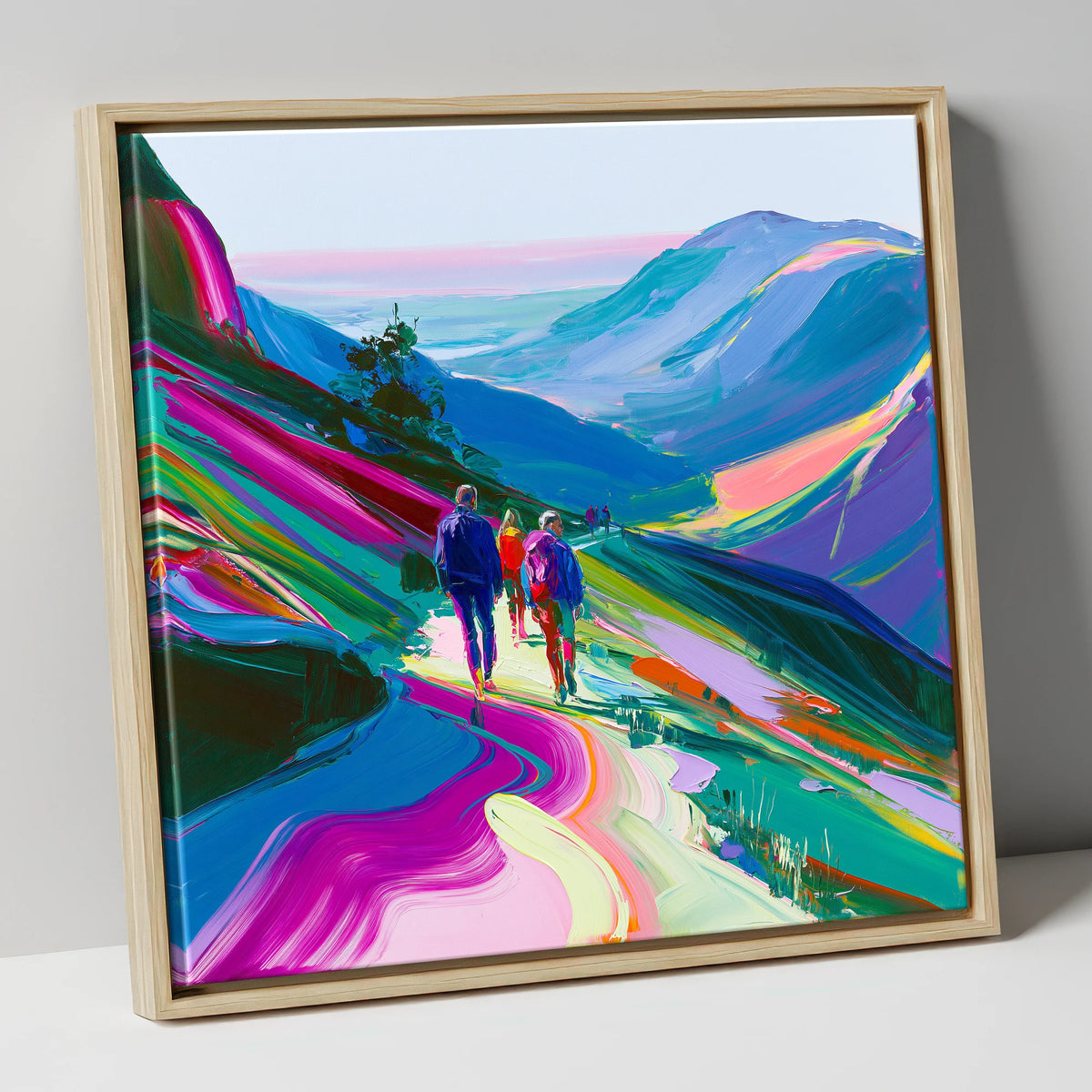 Vivid Walkers on a Mountain Path lake district walking canvas wall art in natural frame