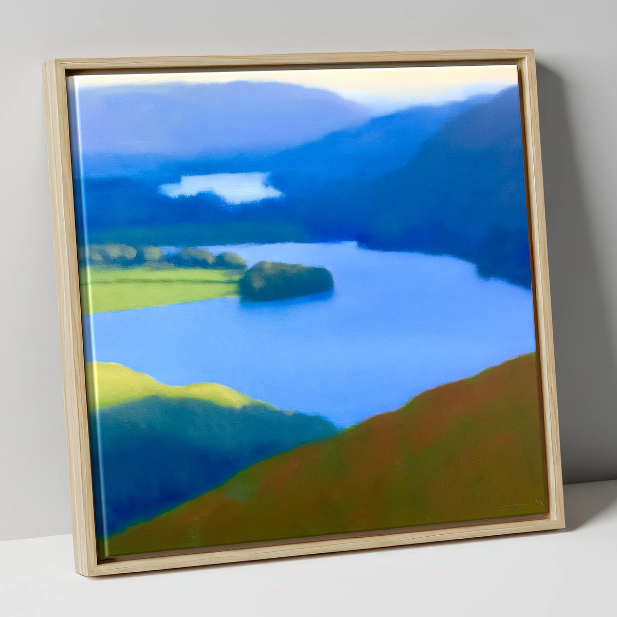 Grasmere Lake in Ultramarine Blue lake district lake canvas wall art in natural frame
