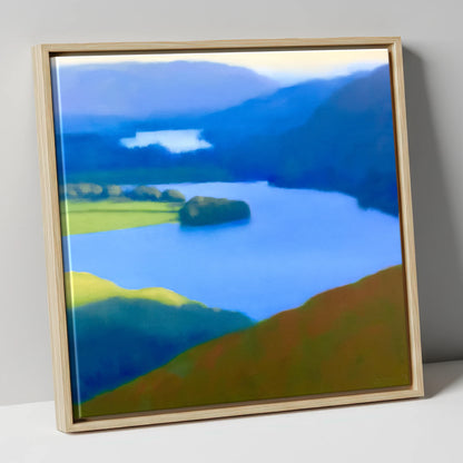 Grasmere Lake in Ultramarine Blue lake district lake canvas wall art in natural frame
