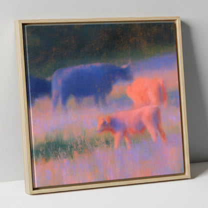 Highland Cattle in Twilight Haze lake district wildlife canvas wall art in natural frame