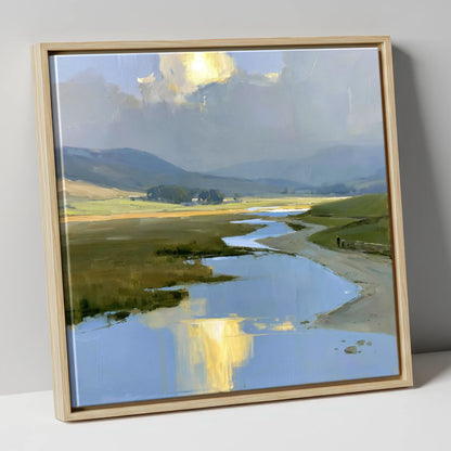 Winding River Below Rolling Fells lake district fell canvas wall art in natural frame