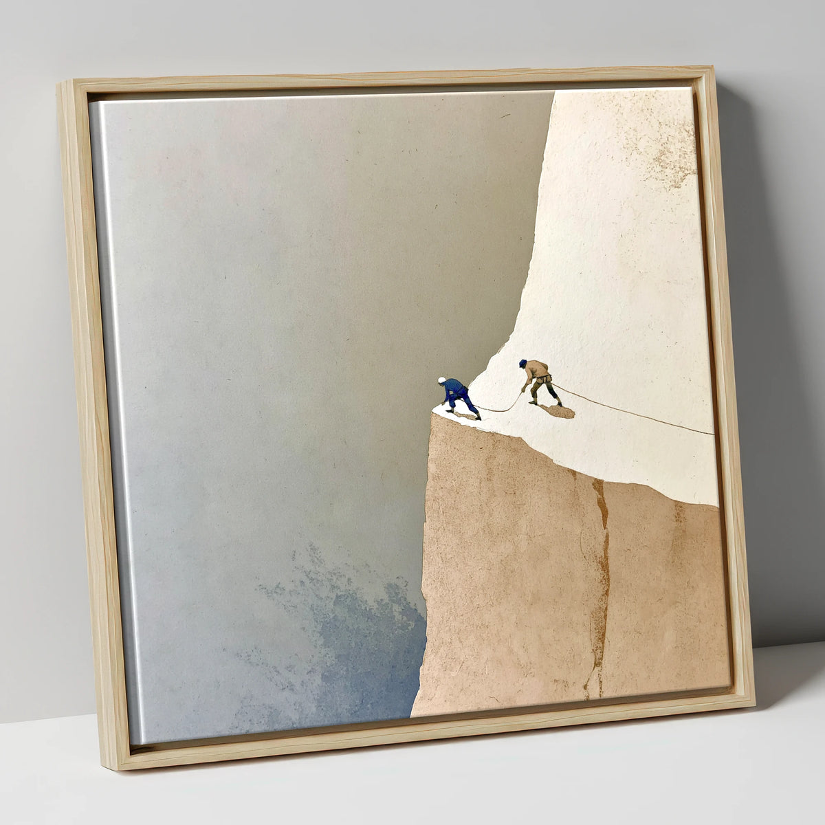 Climbers on a Misty Crag lake district walking canvas wall art in natural frame