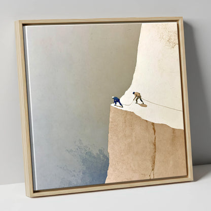 Climbers on a Misty Crag lake district walking canvas wall art in natural frame