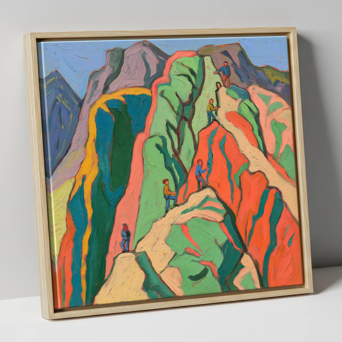 Climbers on a Vivid Crag lake district walking canvas wall art in natural frame