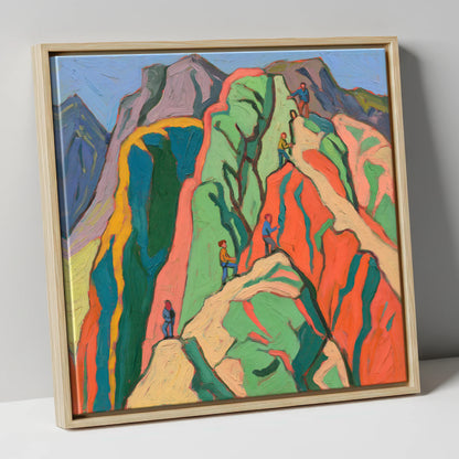 Climbers on a Vivid Crag lake district walking canvas wall art in natural frame