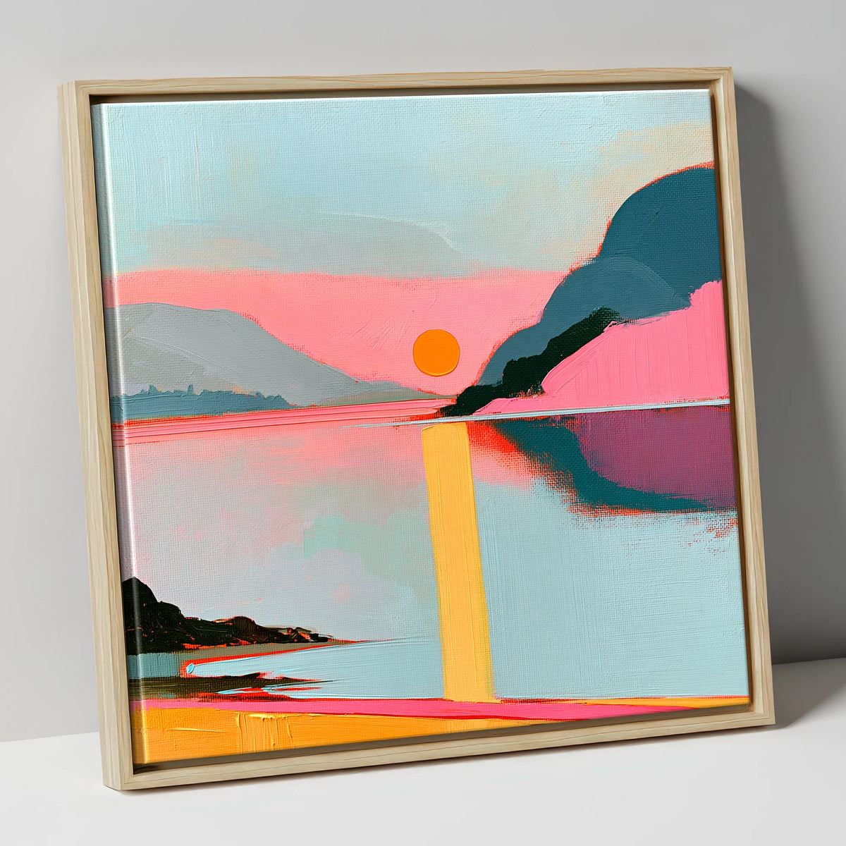 Bold Pink Sunset Over The Lake lake district lake canvas wall art in natural frame