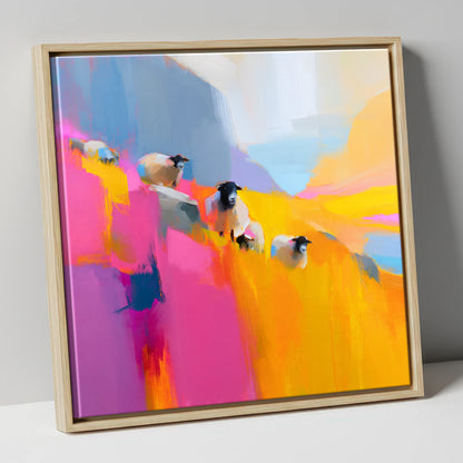 Herdwick Sheep in Fuchsia and Gold lake district wildlife canvas wall art in natural frame