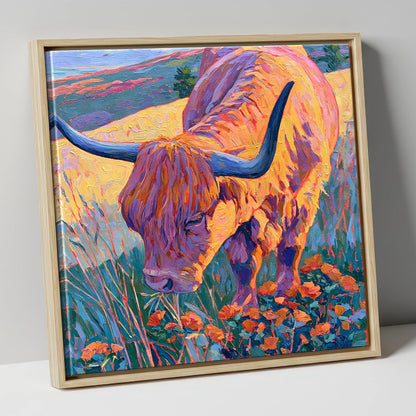 Vibrant Highland Cow Grazing the Fells lake district wildlife canvas wall art in natural frame