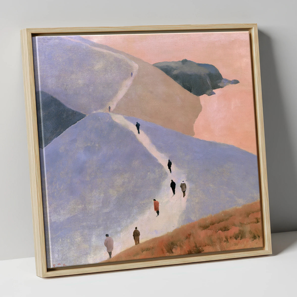 Walkers Ascending the Lavender Fells lake district walking canvas wall art in natural frame