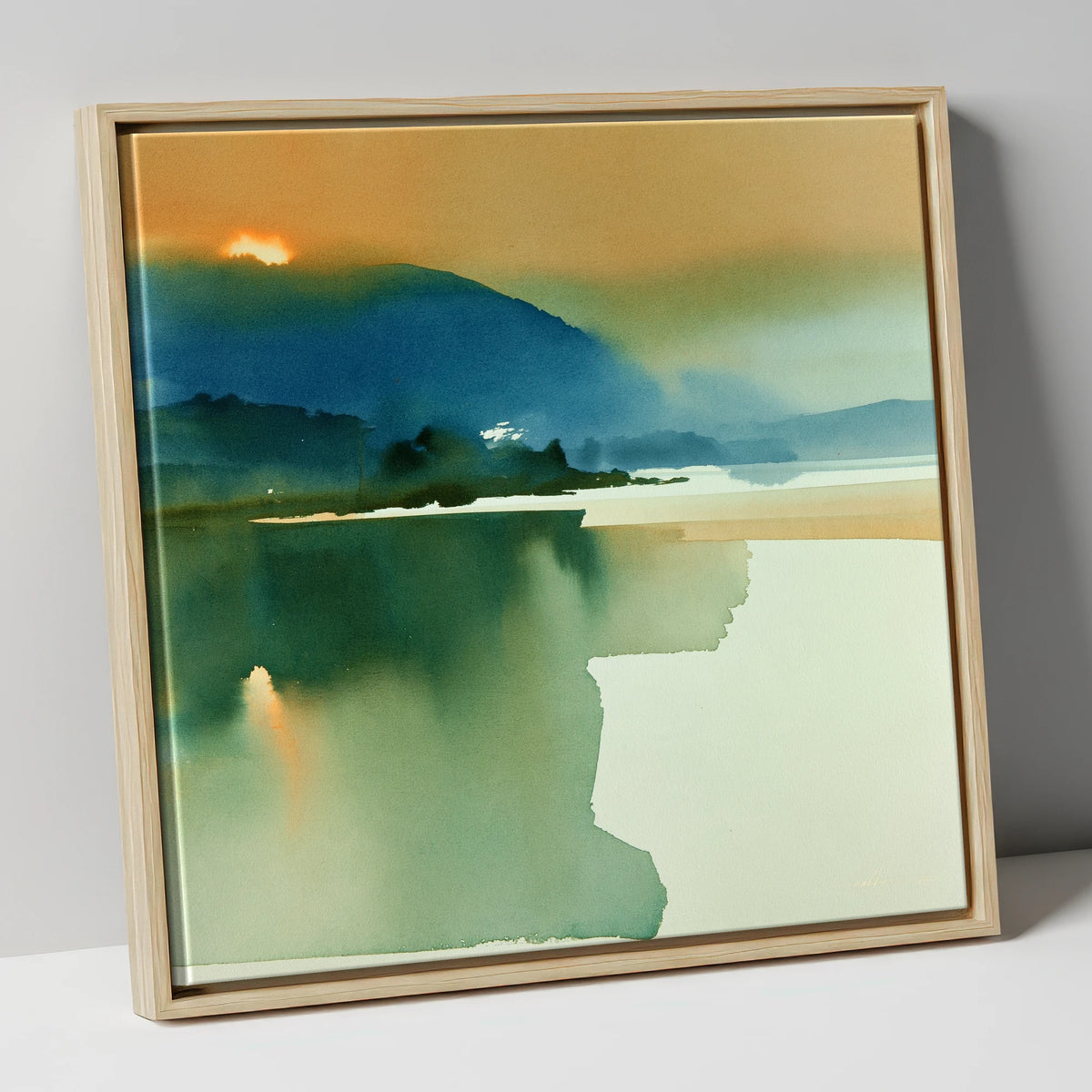 Teal and Gold Lake Sunset lake district lake canvas wall art in natural frame
