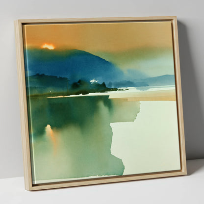 Teal and Gold Lake Sunset lake district lake canvas wall art in natural frame