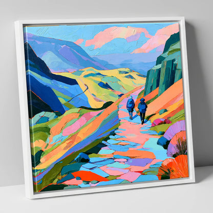 Walkers on a Vibrant Fell Path lake district walking canvas wall art in white frame