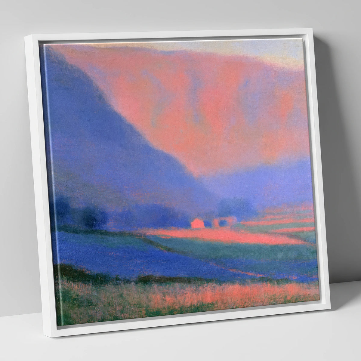 Pink Light on Patchwork Fields lake district valley canvas wall art in white frame