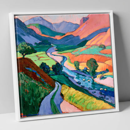 Meandering River Among Bold Fells lake district waterfall canvas wall art in white frame
