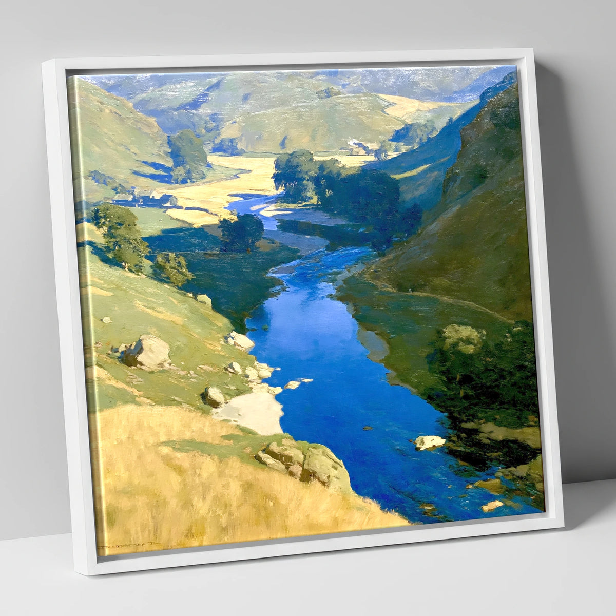 Vivid Blue Winding River Valley lake district waterfall canvas wall art in white frame
