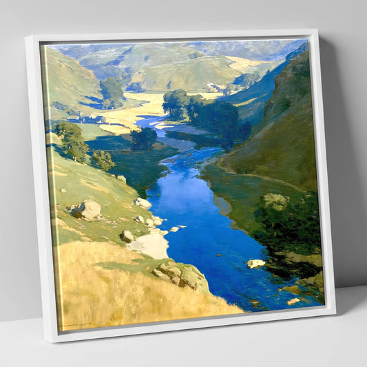 Vivid Blue Winding River Valley lake district waterfall canvas wall art in white frame