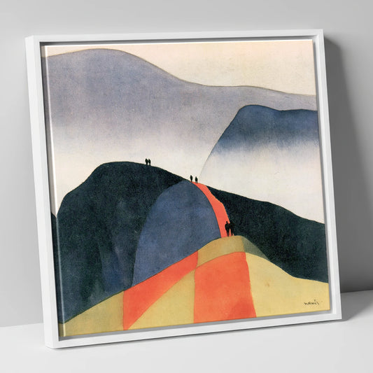 Walkers Ascending the Vibrant Path lake district walking canvas wall art in white frame