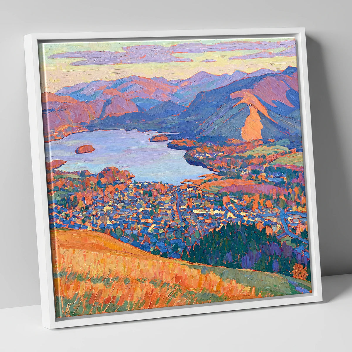 Vibrant Keswick and Derwentwater lake district village canvas wall art in white frame