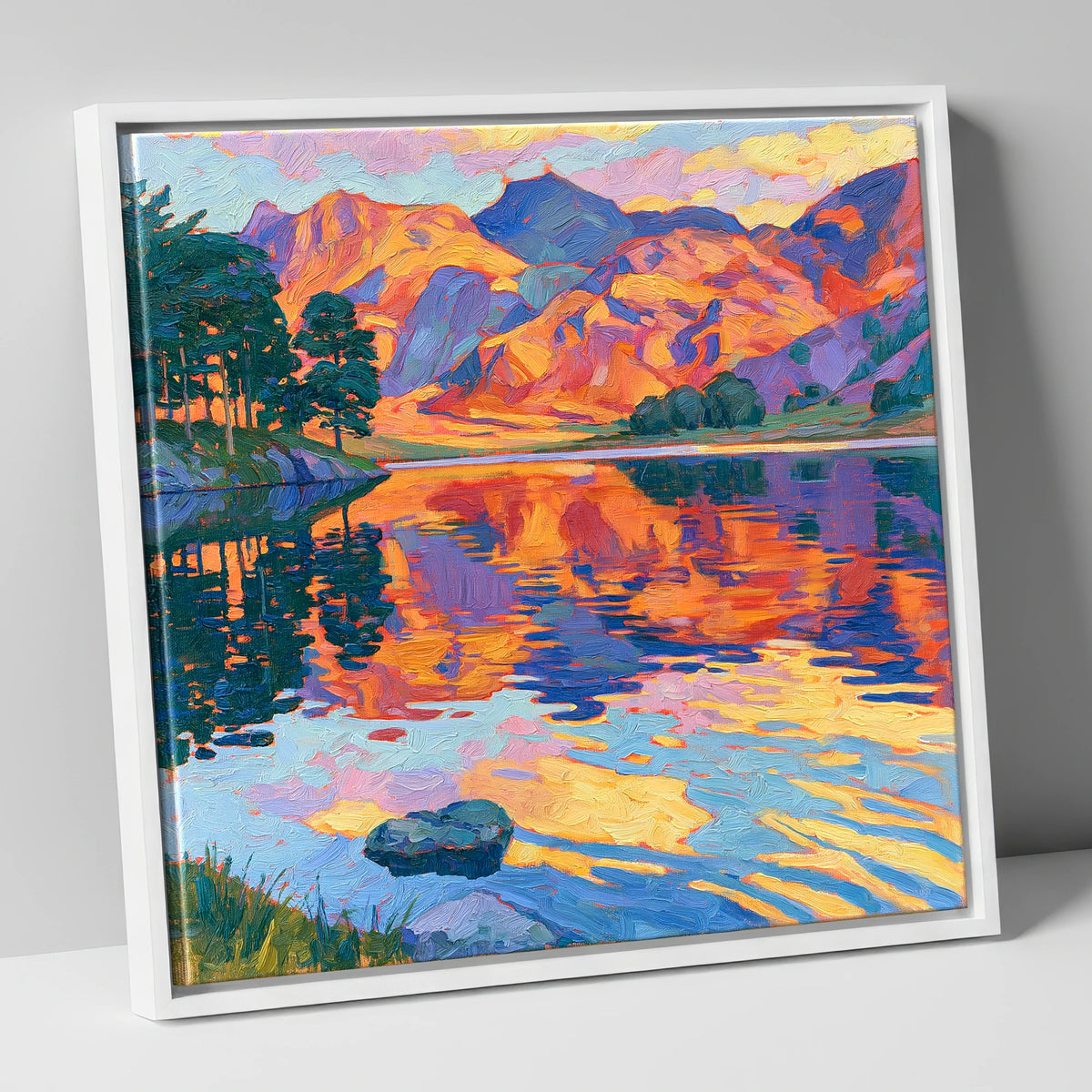 Vibrant Sunset Glow over Mountain Fells lake district lake canvas wall art in white frame