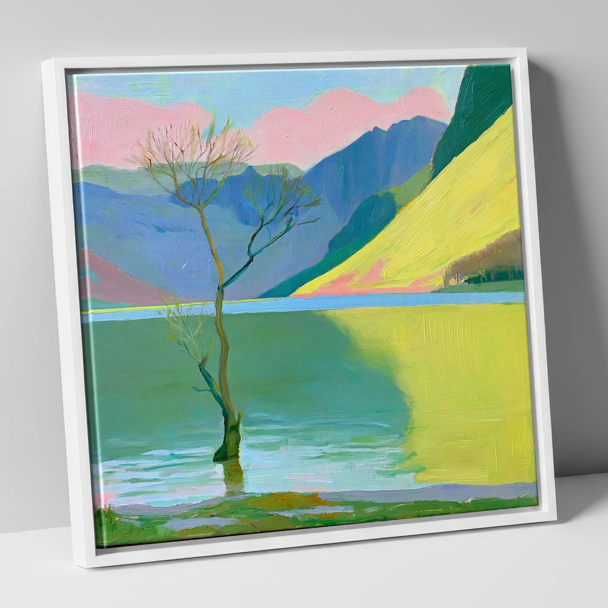 Buttermere Tree Under Pink Skies lake district lake canvas wall art in white frame