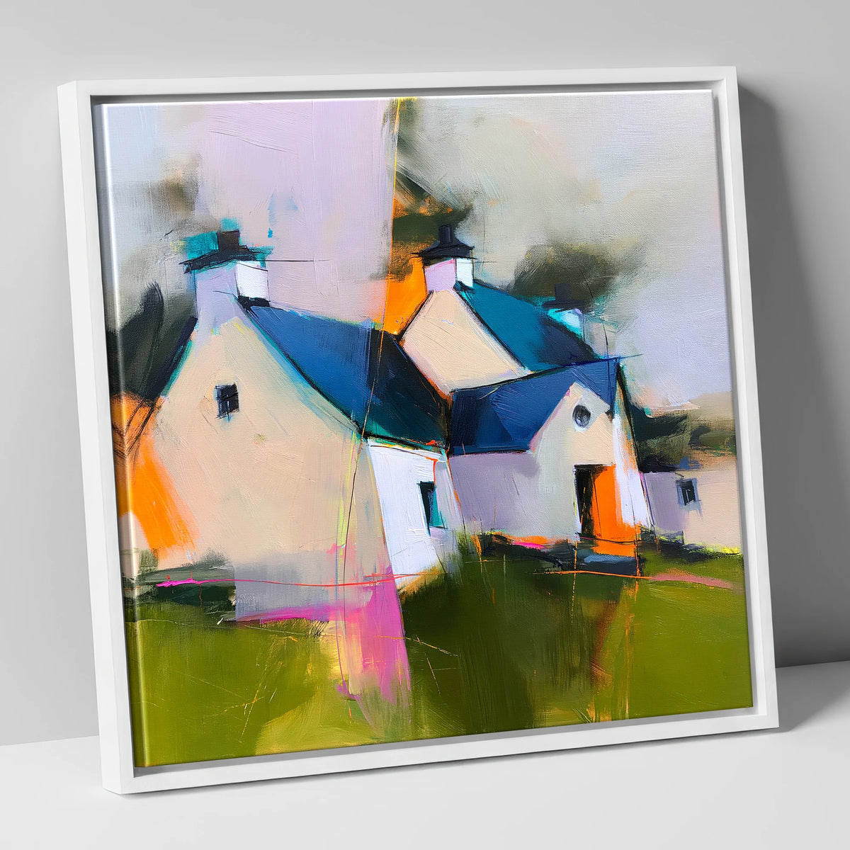 Colourful Slate Roofed Cottages lake district village canvas wall art in white frame