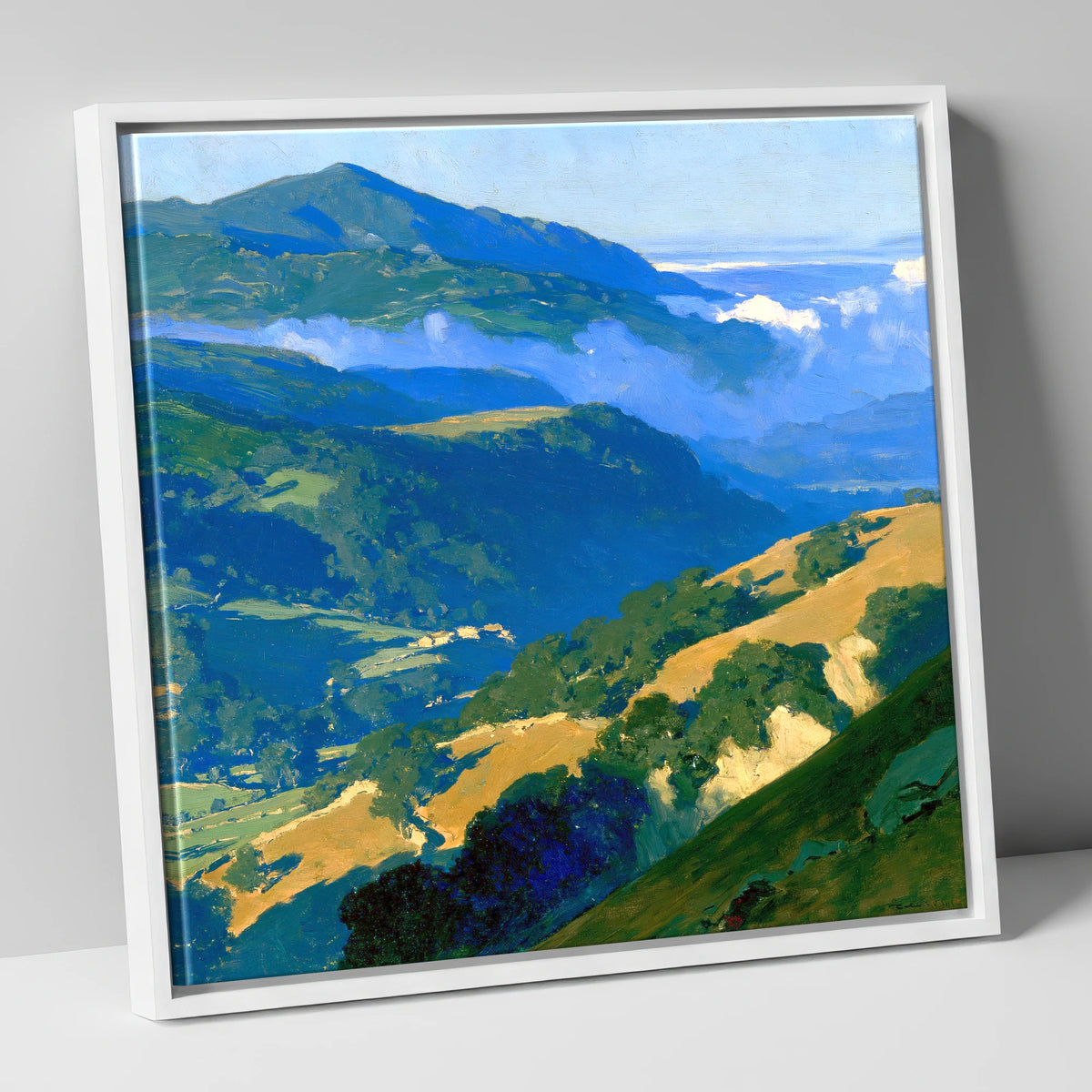 Sunlit Fells and Valley Mist lake district sky canvas wall art in white frame