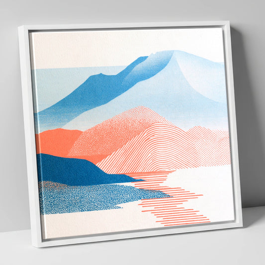 Graphic Skiddaw in Coral and Blue lake district fell canvas wall art in white frame