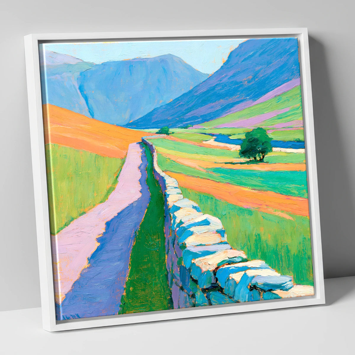 Drystone Wall Through Vivid Valley lake district valley canvas wall art in white frame