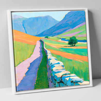 Drystone Wall Through Vivid Valley lake district valley canvas wall art in white frame