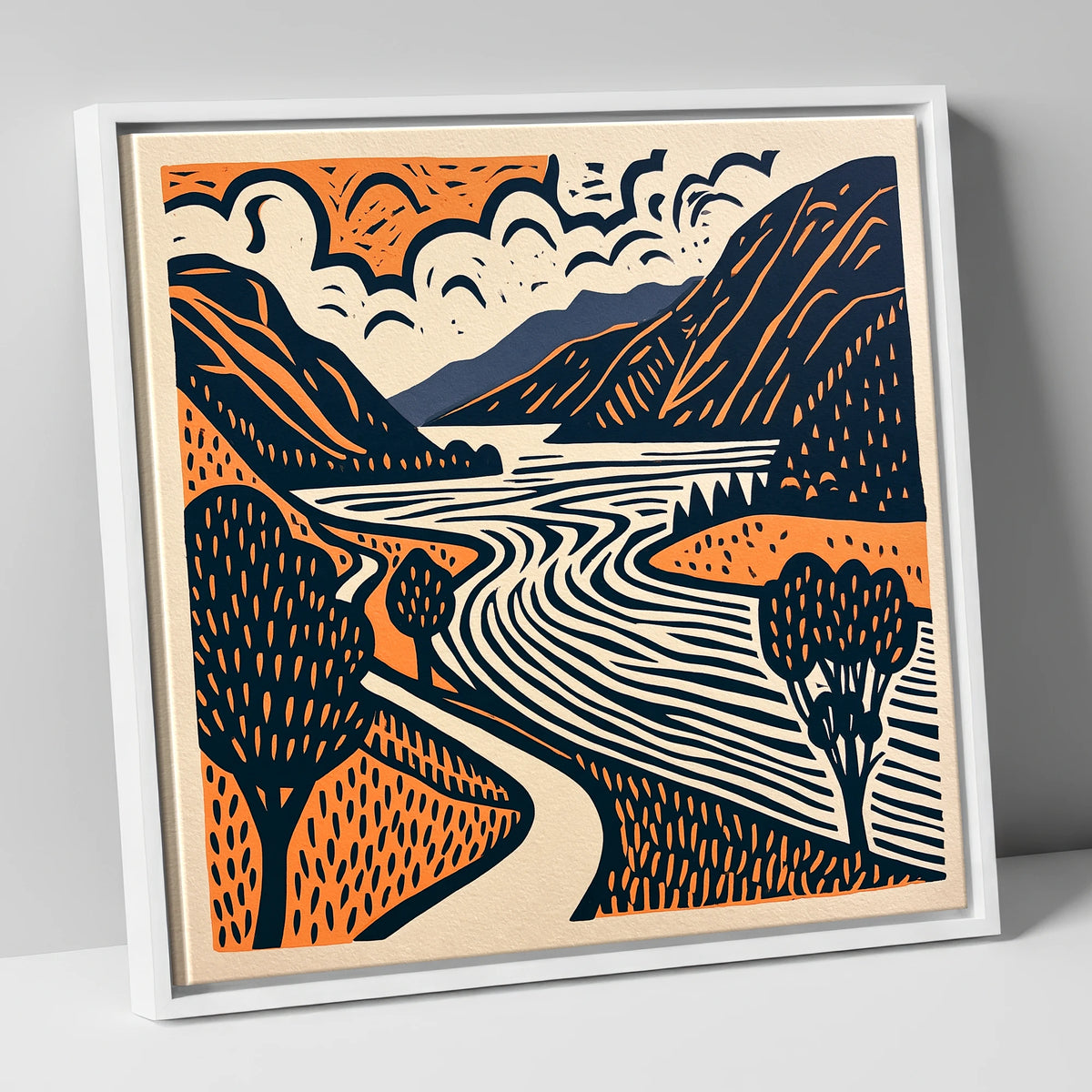 Bold Ullswater in Terracotta and Navy lake district lake canvas wall art in white frame