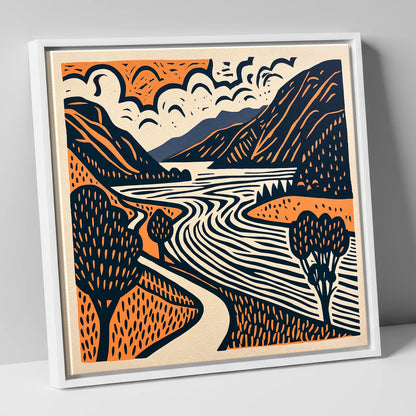 Bold Ullswater in Terracotta and Navy lake district lake canvas wall art in white frame