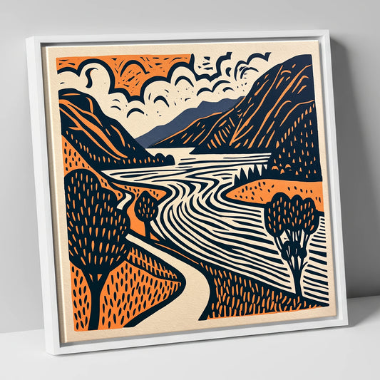 Bold Ullswater in Terracotta and Navy lake district lake canvas wall art in white frame