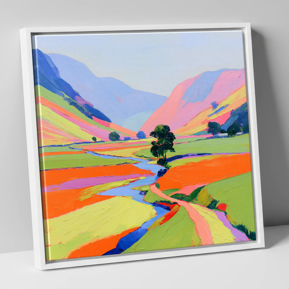 Bright Lakeland Valley Mist lake district sky canvas wall art in white frame
