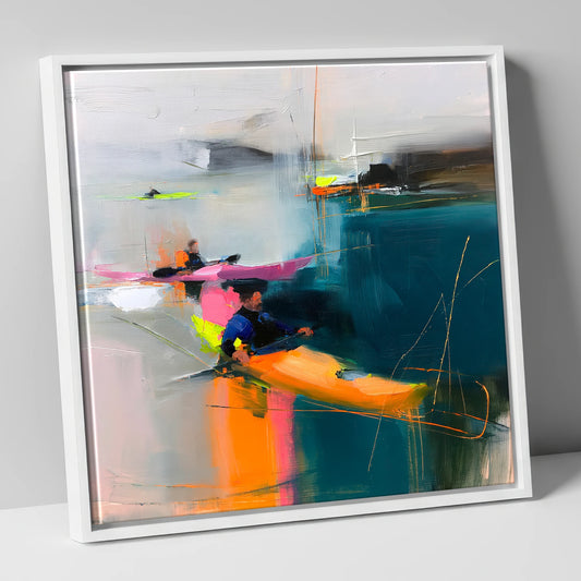 Vibrant Kayaks on Teal Water lake district walking canvas wall art in white frame