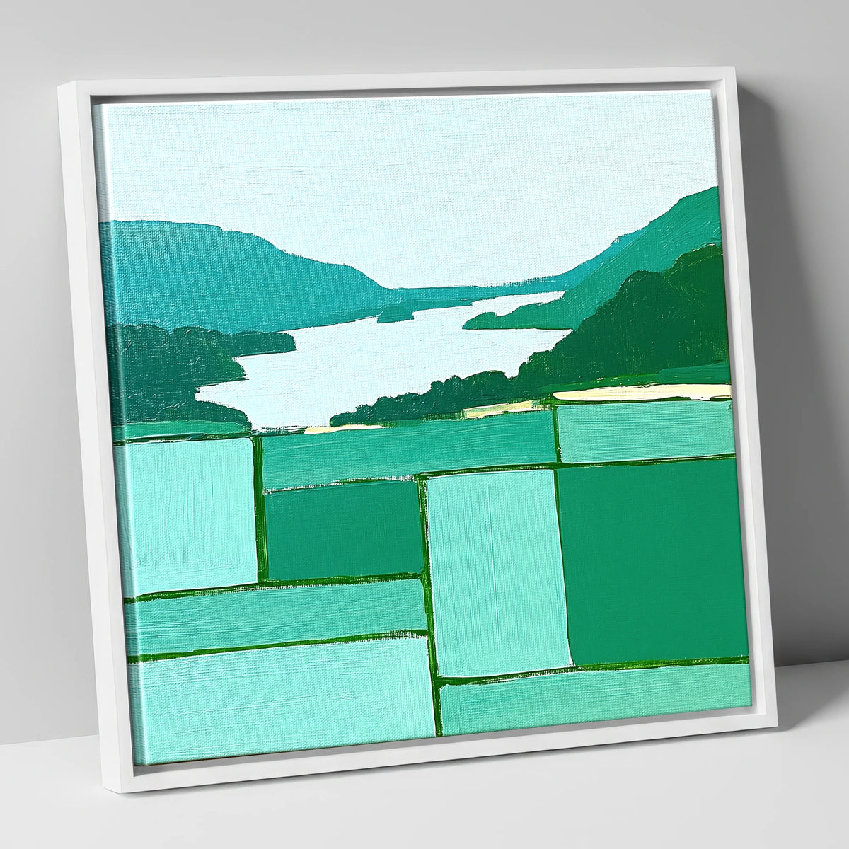 Geometric Greens Above Glenridding lake district village canvas wall art in white frame