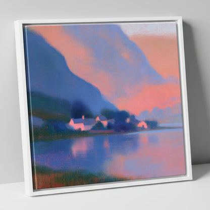 Lakeside Hamlet Beneath Indigo Fells lake district village canvas wall art in white frame