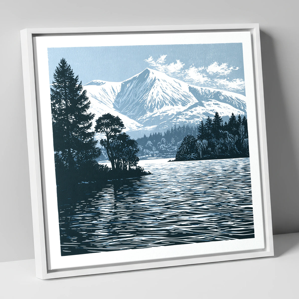 Winter Skiddaw in Deep Blue lake district fell canvas wall art in white frame