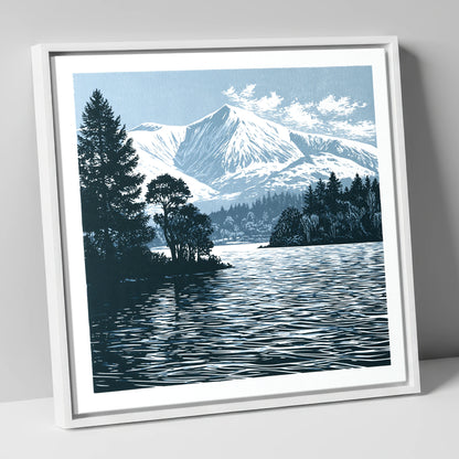 Winter Skiddaw in Deep Blue lake district fell canvas wall art in white frame