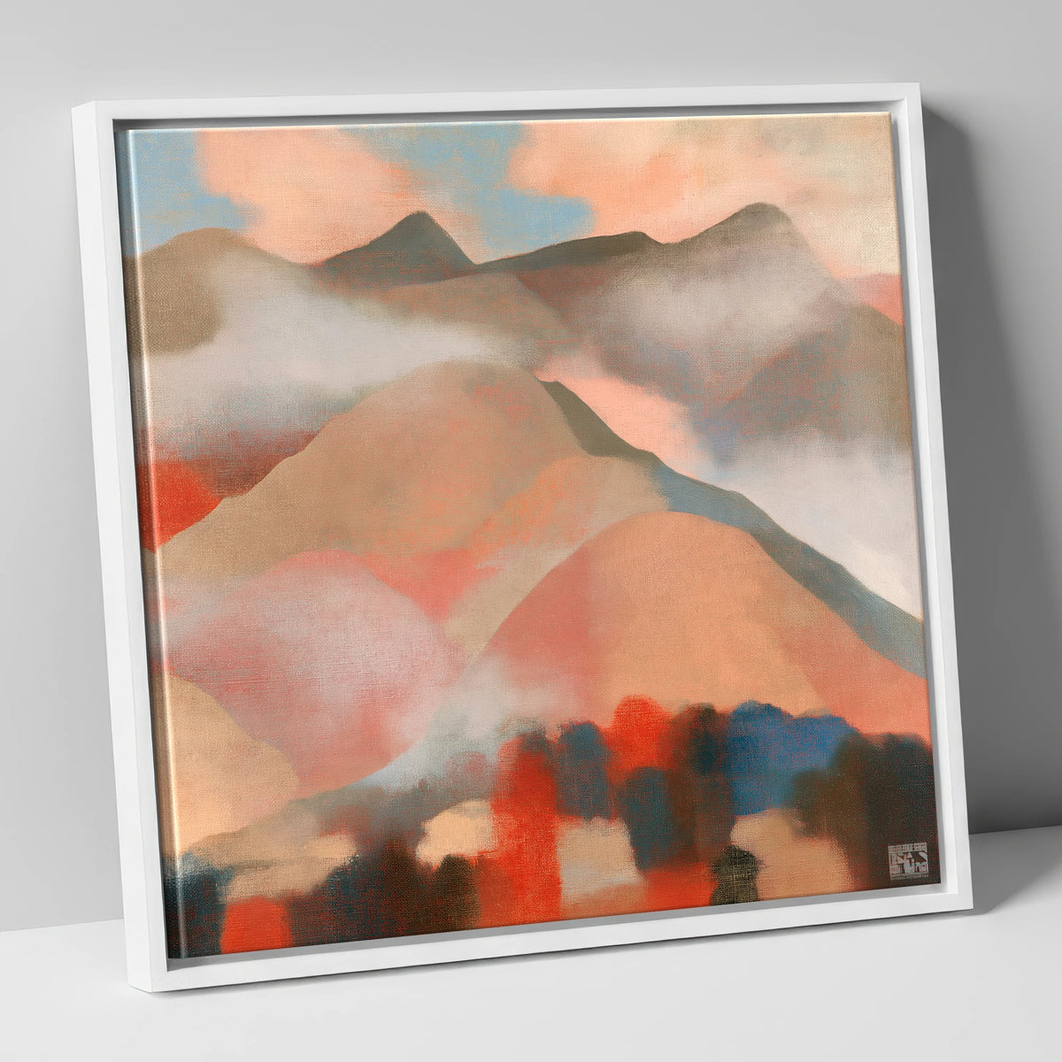 Misty Mountain Ridge In Coral lake district fell canvas wall art in white frame