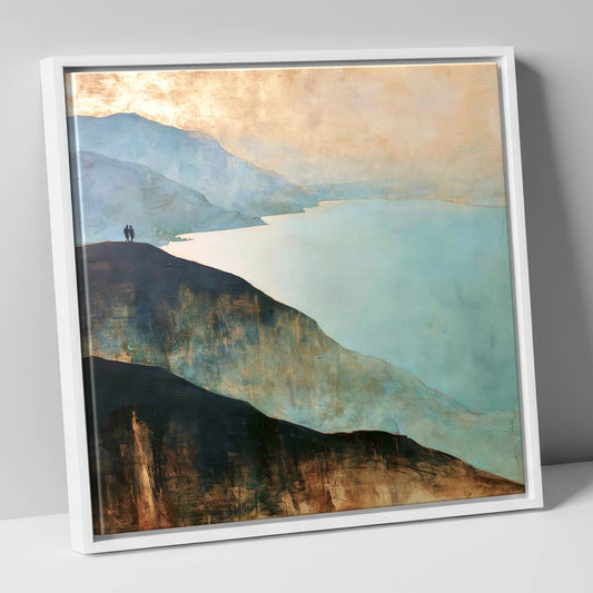 Walkers on Catbells Ridge lake district fell canvas wall art in white frame