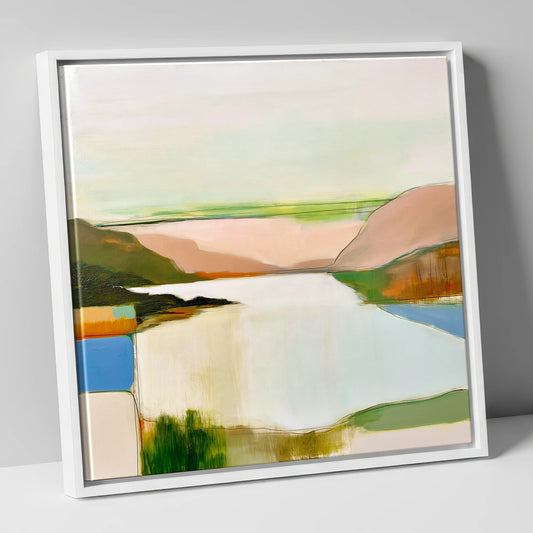 Abstract Lake and Peach Fells lake district lake canvas wall art in white frame
