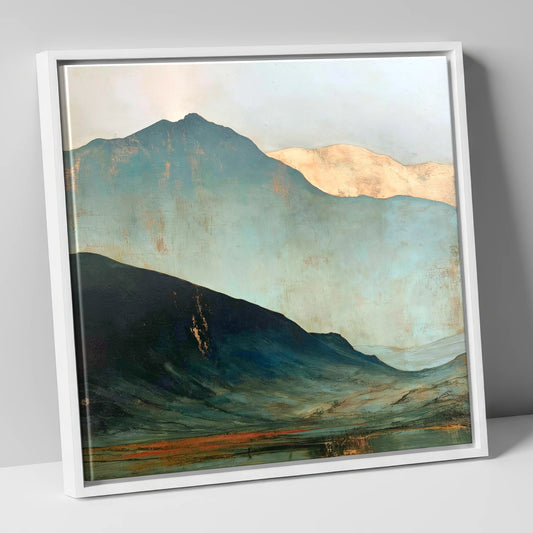 Langdale Pikes in Slate and Gold lake district fell canvas wall art in white frame