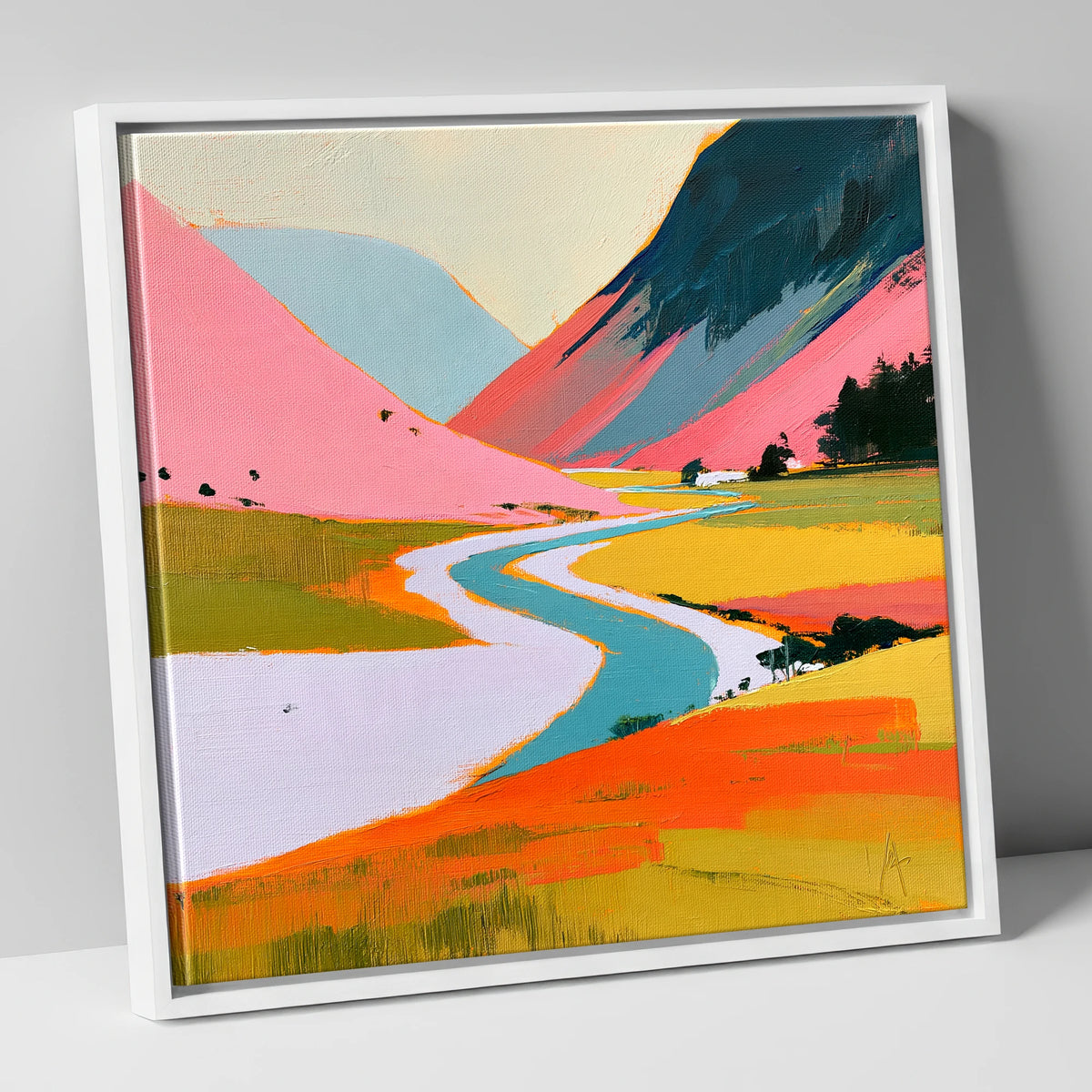Winding River Through Pink Fells lake district waterfall canvas wall art in white frame
