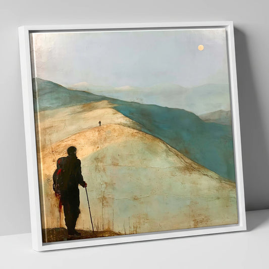 Fell Walker on the Golden Ridge lake district walking canvas wall art in white frame