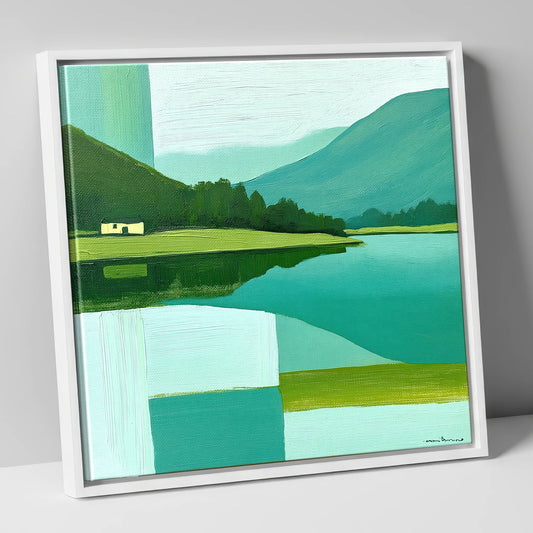 Grasmere Shoreline in Bold Teal lake district lake canvas wall art in white frame