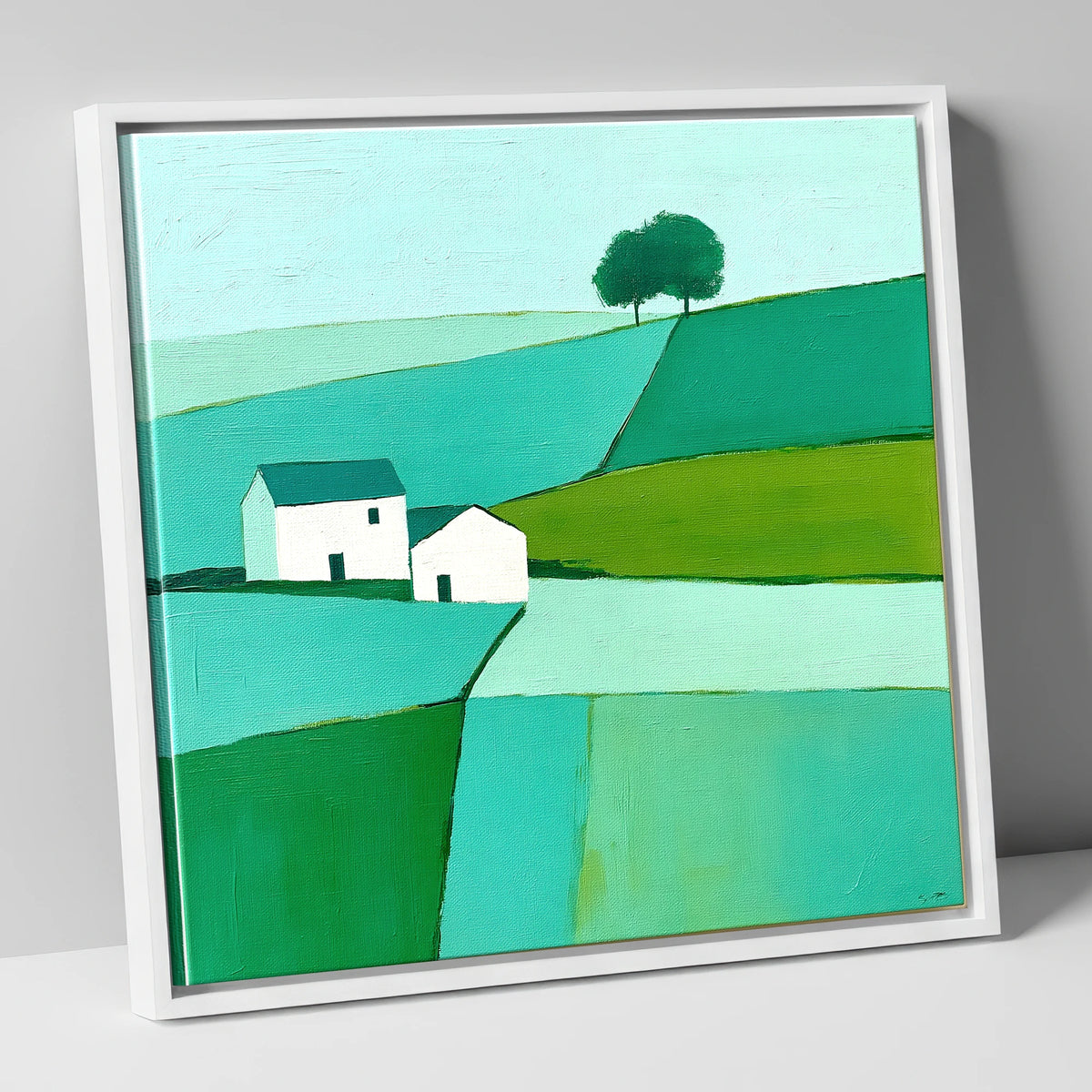 Near Sawrey Cottages In Bold Teal lake district village canvas wall art in white frame